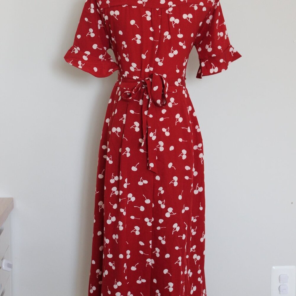 Dark Red Cherry Tie on waist Midi Dress - Picture 4 of 7